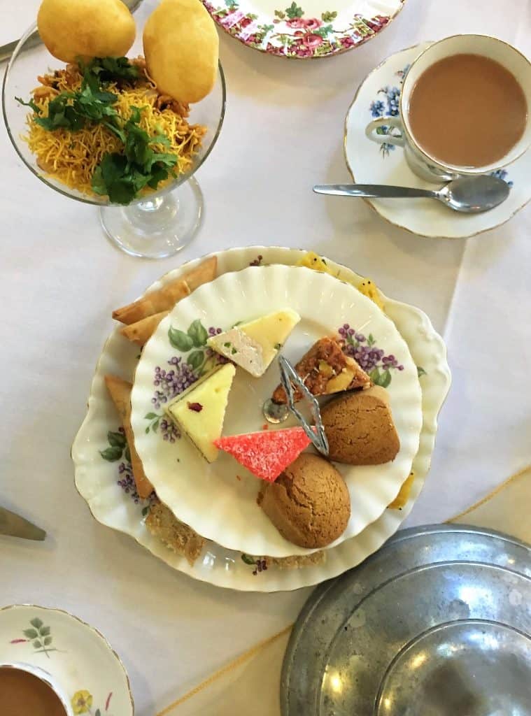 Indian Afternoon Tea: Top lay of mithai, tea and bhel puri