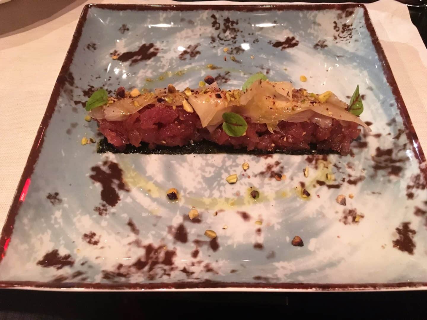 Sampling the Fine Dining Scene in Florence Touch. Tartare di tonno rosso Tuna tartare with alga nori, pistachios, ginger, soy.
