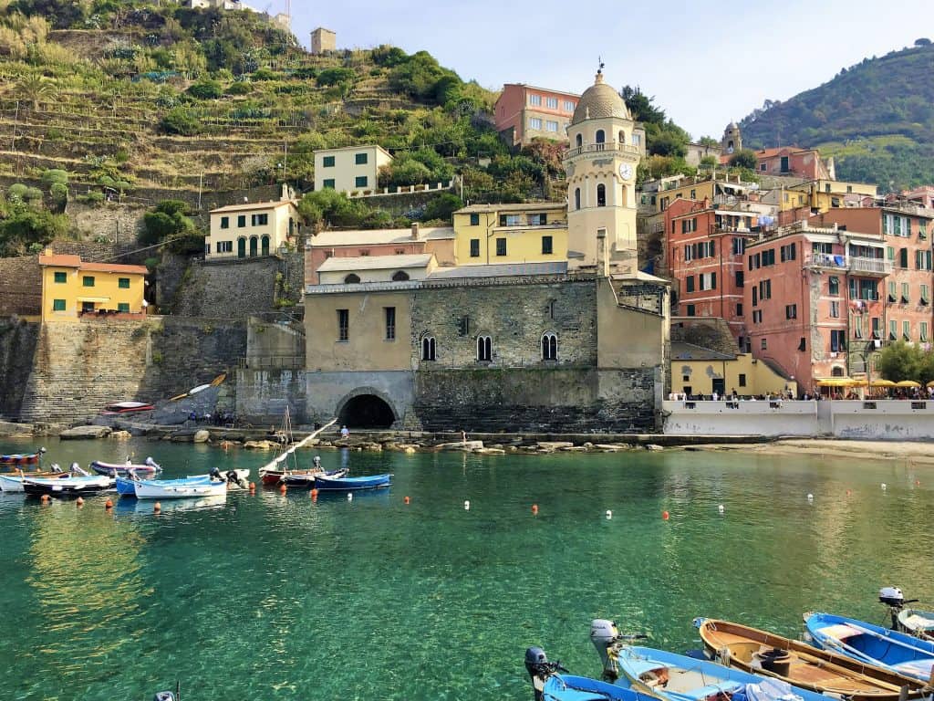 Vernazza harbour church with fishing boats