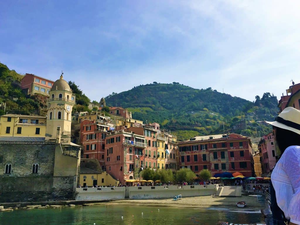Vernazza harbour church with fishing boats