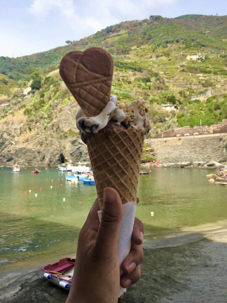Gelato in Manarola in Harbour with fishing boats