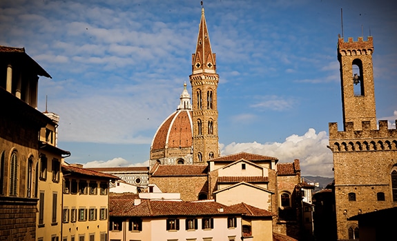 Beautiful Bernini Palace Hotel view from the suites in central Florence. The suites show the duomo dome in the background as well as other old remains of buildings and museums