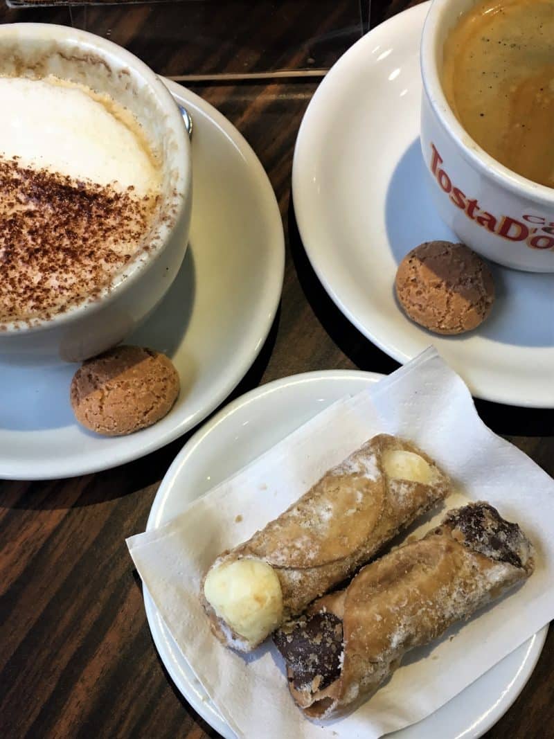 LE1:Independent Coffee & Cake Locales Cafe Roma A cappuccino and a black coffee with 2 x cannoli, one lemon and one chocolate, Leicester