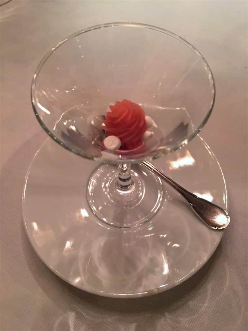 Elegant dining at 2 Michelin Star Spondi in Athens Orange, ginger and meringue palette cleanser