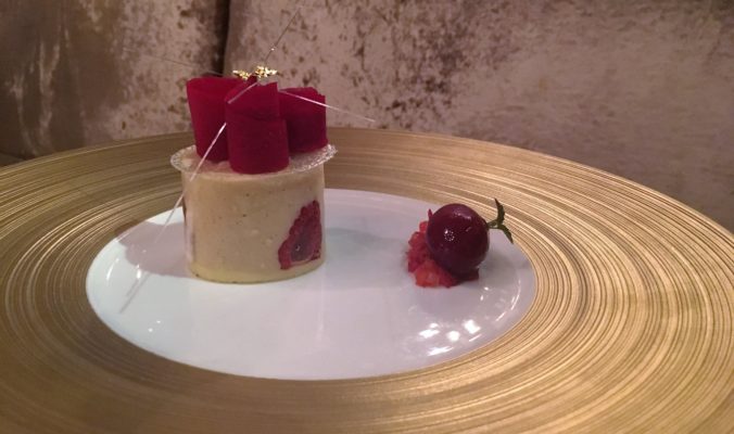 Elegant dining at 2 Michelin Star Spondi in Athens. The Valentines Day Chocolate dessert