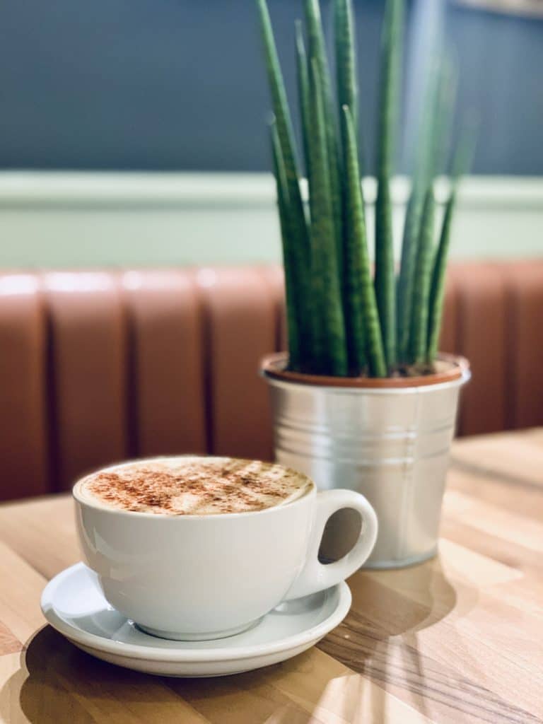 Five Fox Lane Coffee Shop. A coffee in a white cup with a green cactus plant in a silver pot
