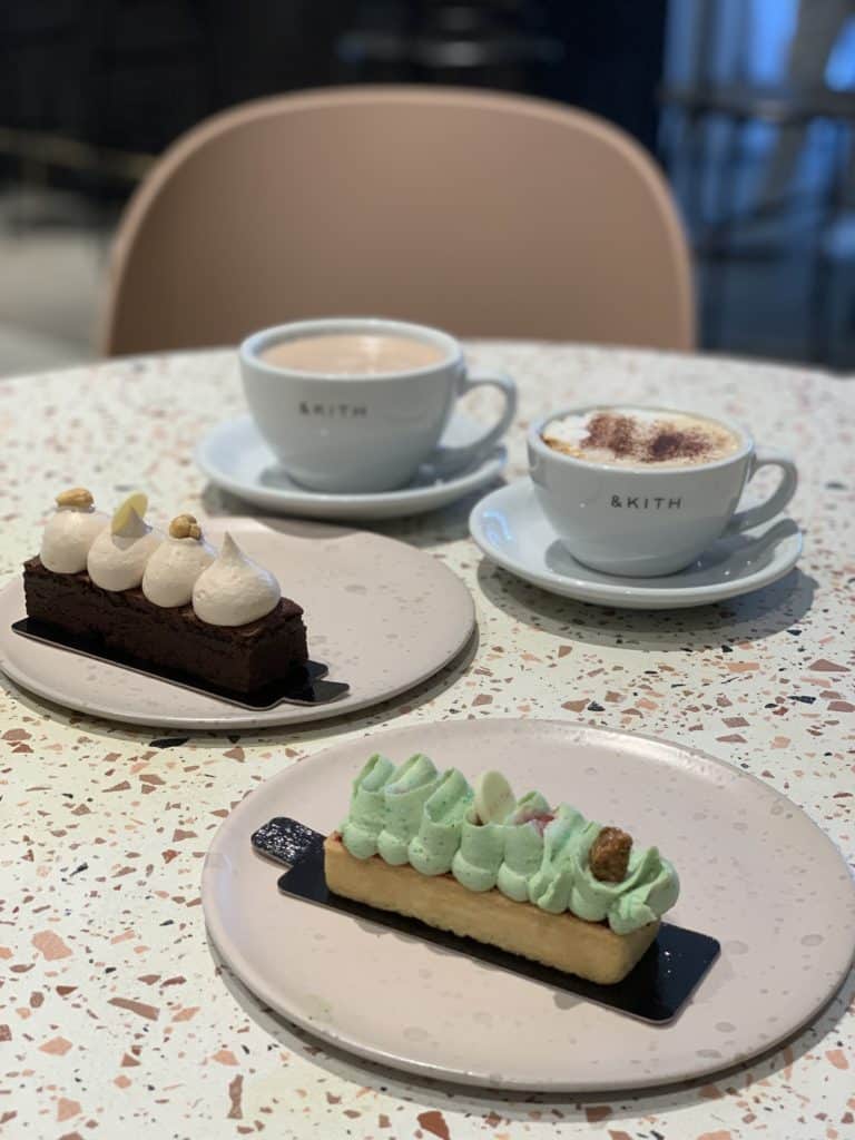 & Kith, Leicester cakes and patisserie items on a brown and white speckled table