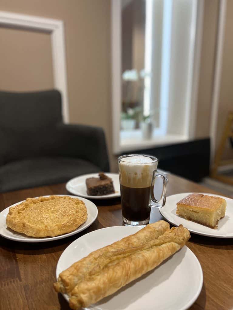 Greek Corner Cafe with pastries and cakes as well as a Freddo Cappuccino with cinnamon in Leicester city centre