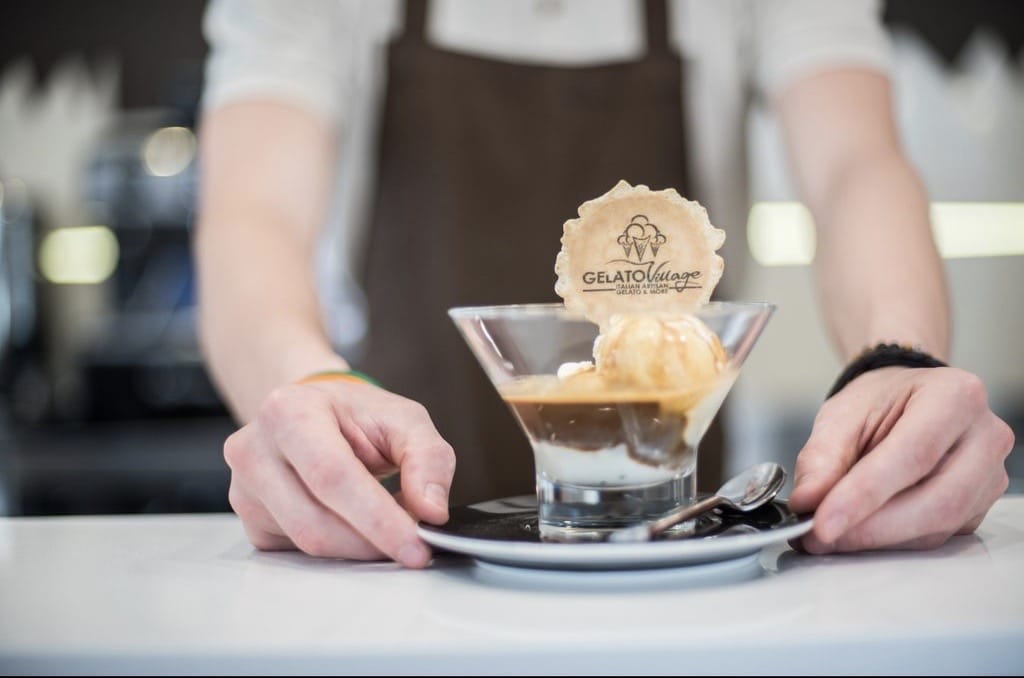 Gelato Village Espresso, LE1, Leicester. Affogato with a Gelato Village wafer and the servers hands.