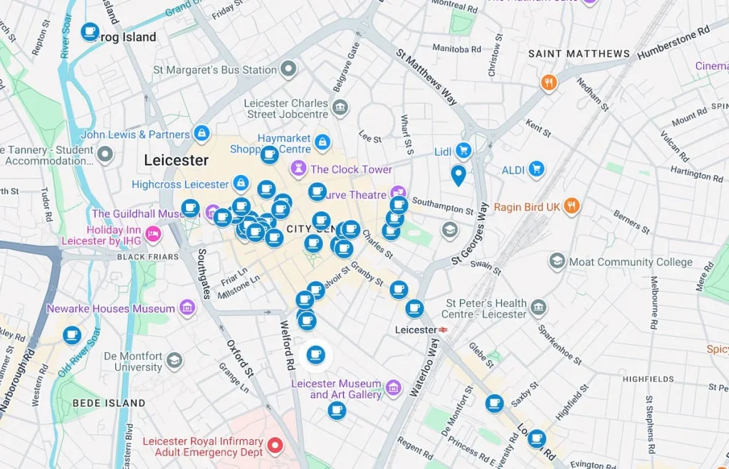 Independent Coffee Shops in LE1 Leicester. There are blue markers on the map which represent the coffee shops and cafes.