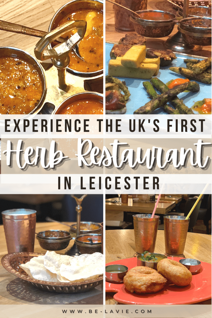 Vegetarian Keralan food at Herb Leicester Pinterest pin with 3 images overlaid with text