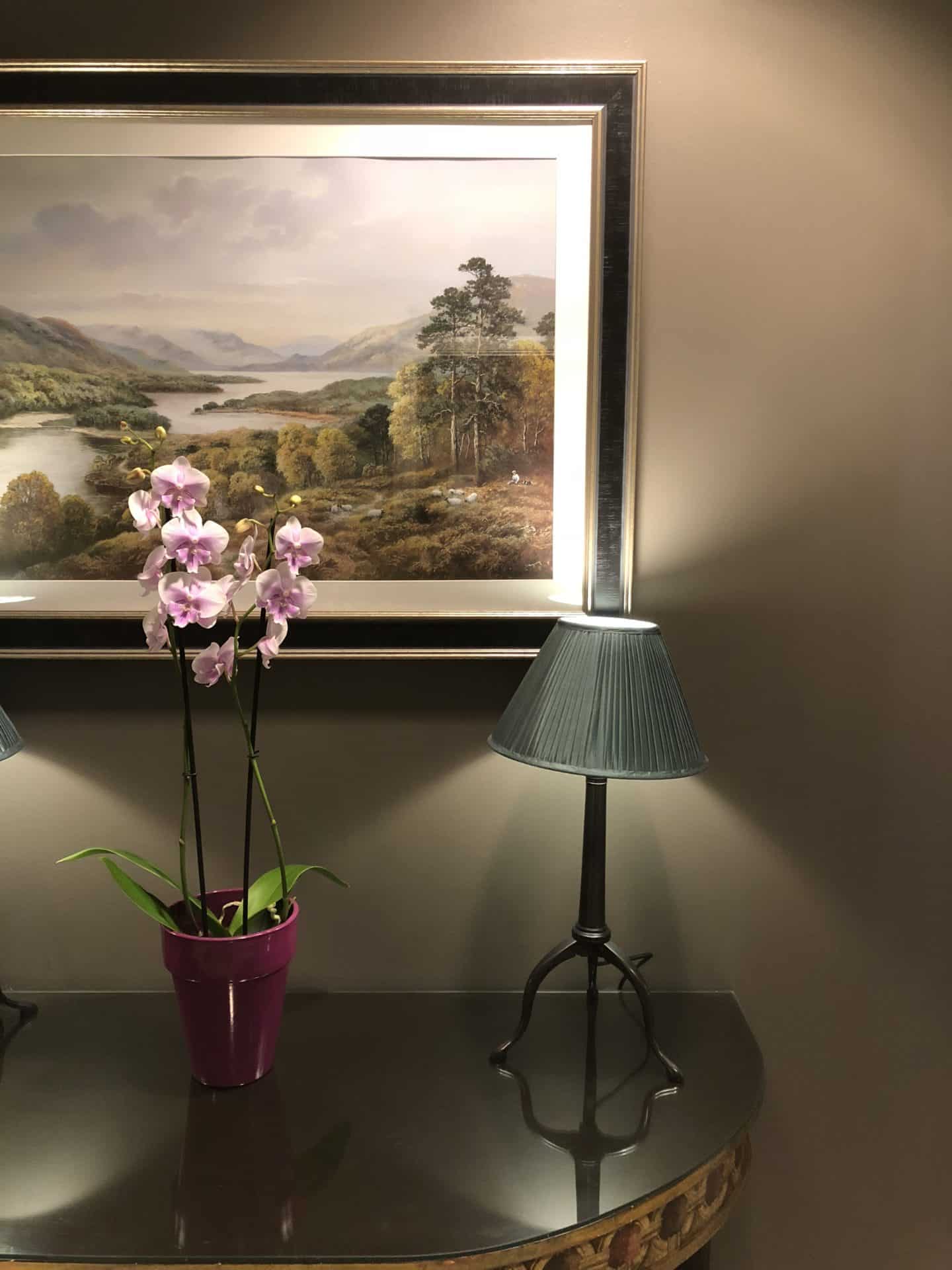 The Grand Palace Hotel Riga hallway painting with light blue shaded lamp and a pink and white orchid on the side table