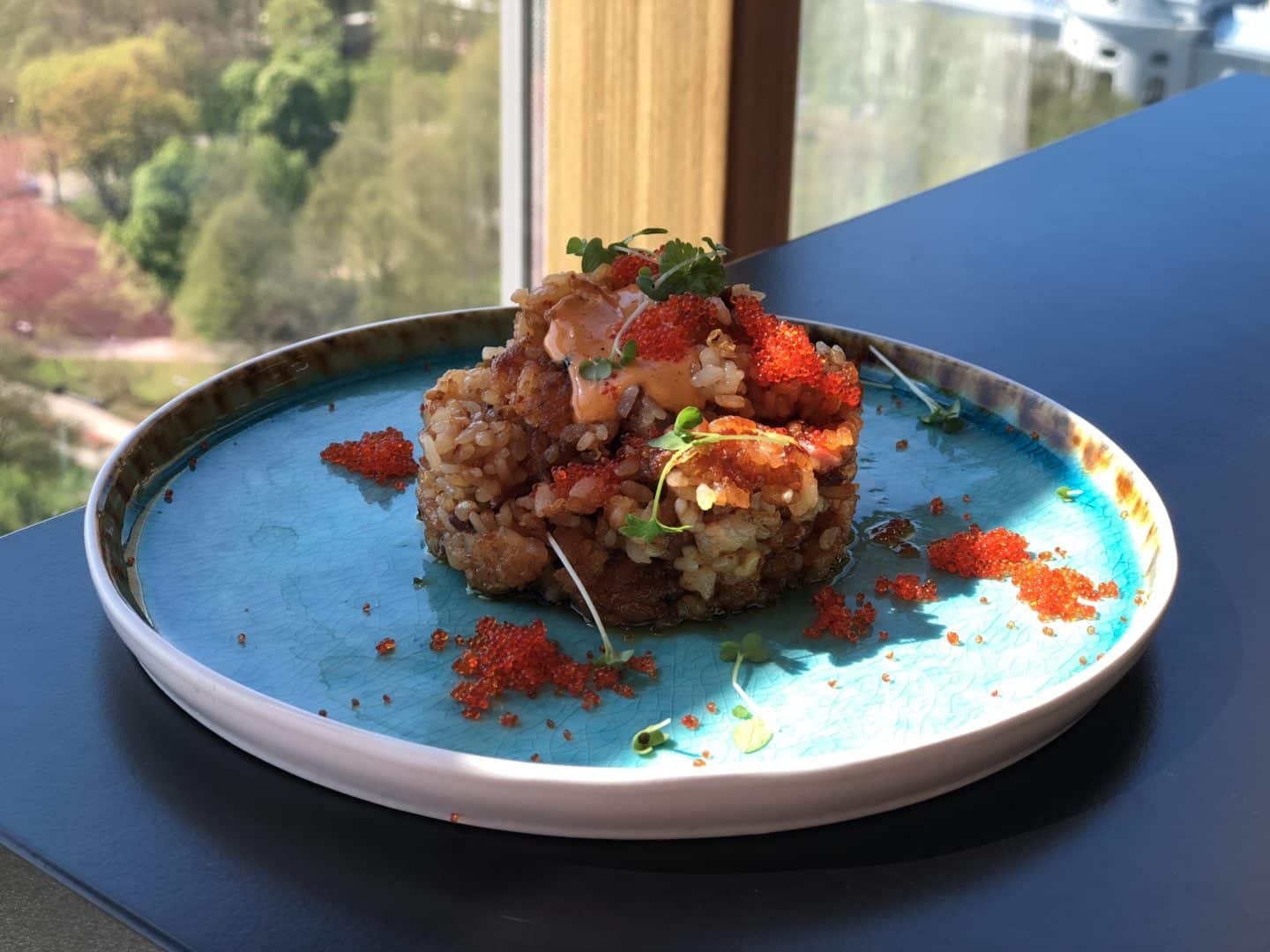 Skyline Bar Riga, egg plant, shiso and truffle dressing,