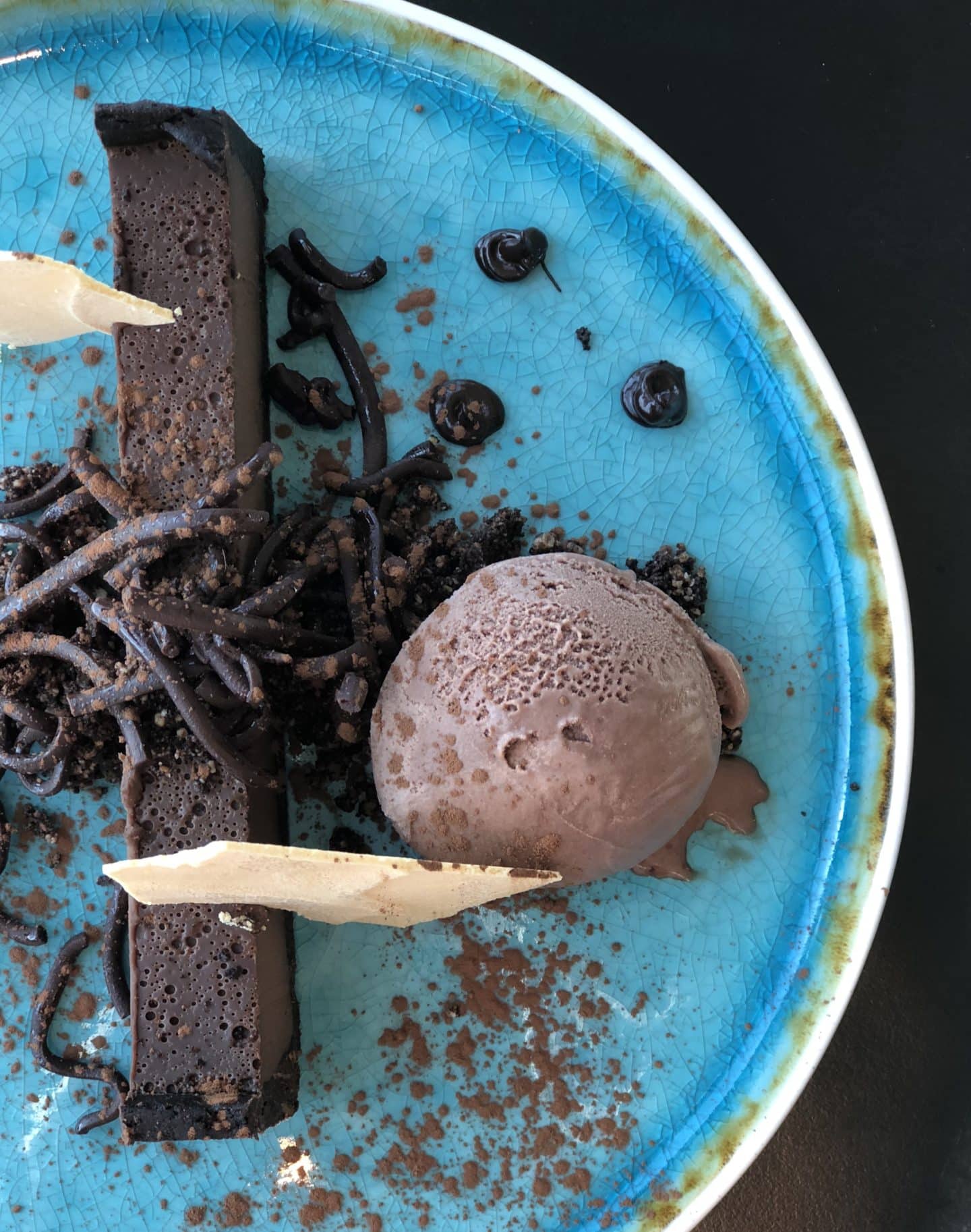 Vegetarian-friendly food in Riga: Skyline Bar Riga chocolate torte with chocolate ice-cream dessert