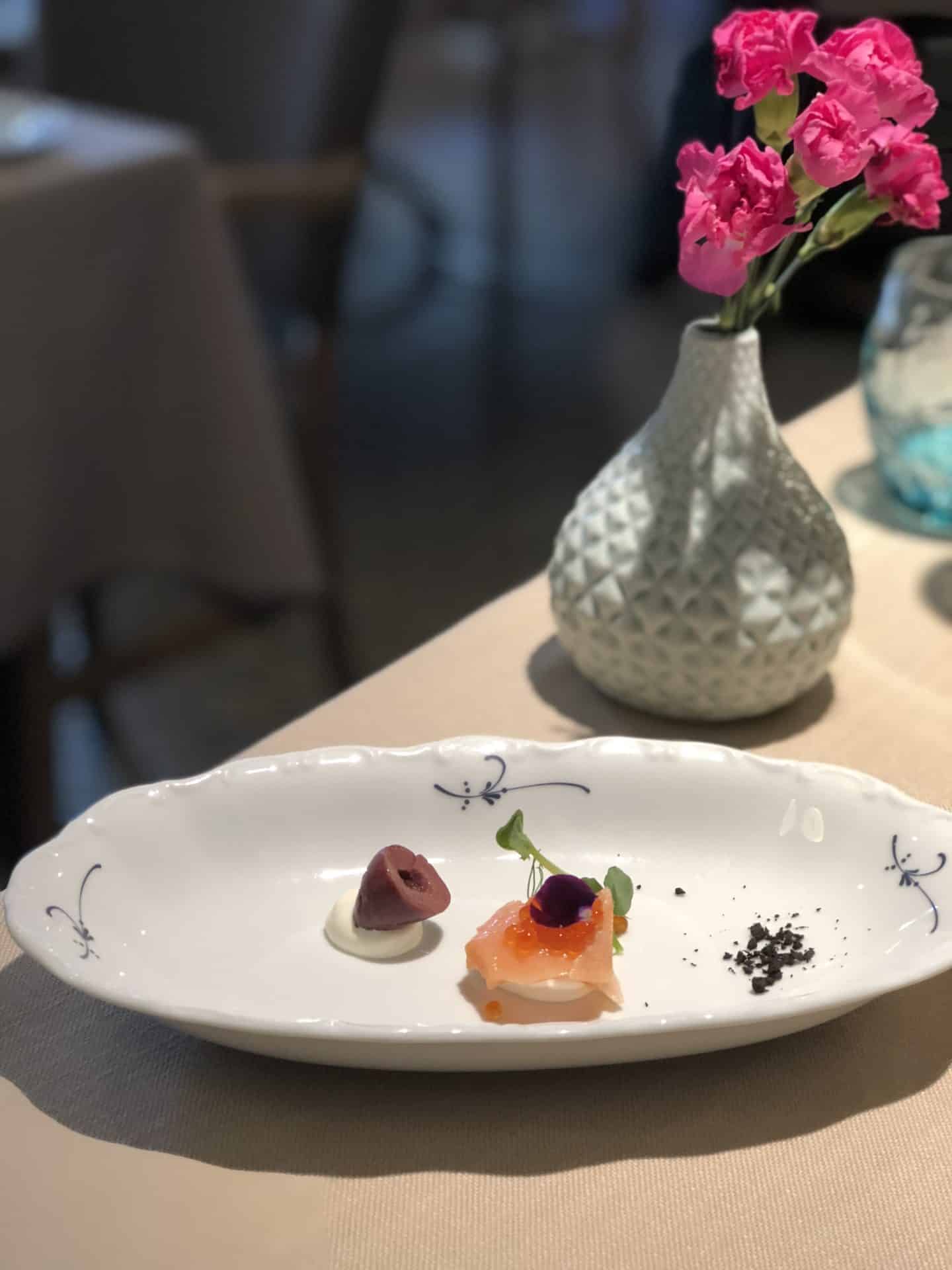 Riviera Restaurant amuse bouche, with pink flower pot, Riga