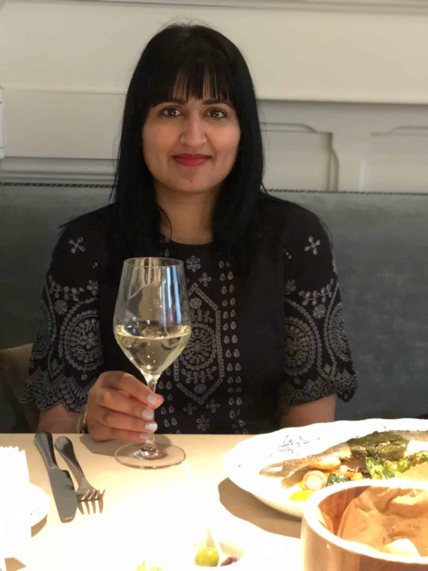 Vegetarian-friendly food in Riga: Bejal with glass of wine at Riviera restaurant