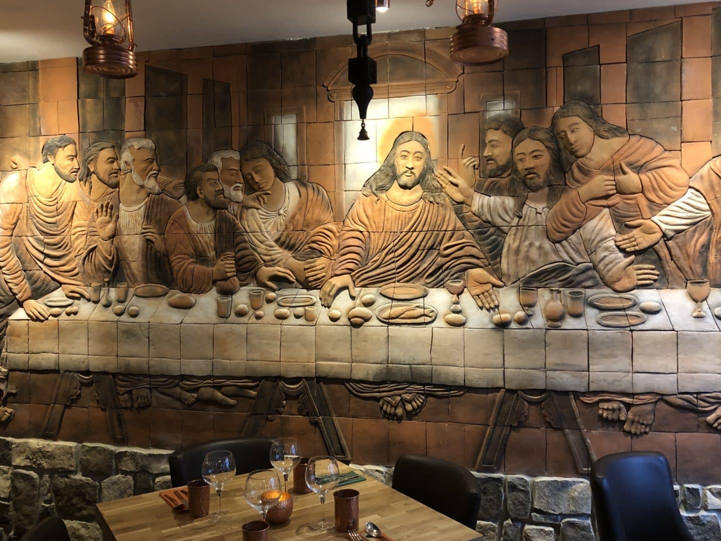 Vegetarian Keralan food at Herb Leicester. The Last Supper Mural on wall of restaurant
