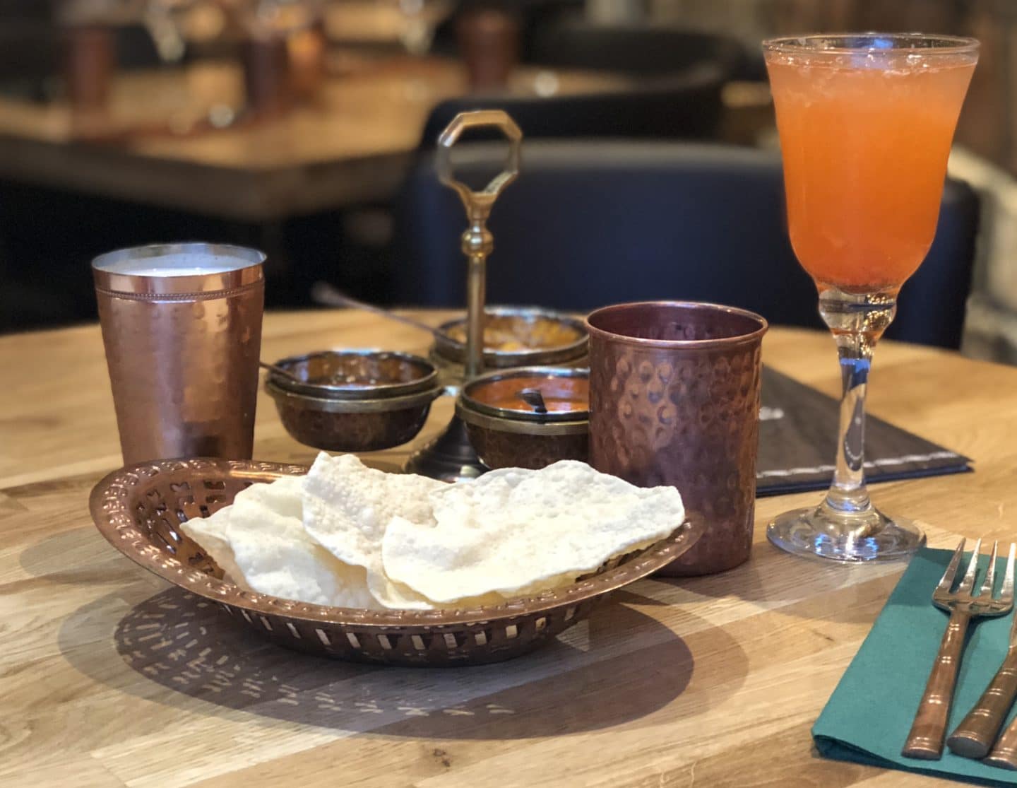 Vegetarian Keralan food at Herb Leicester, poppadoms and chutneys side veiw