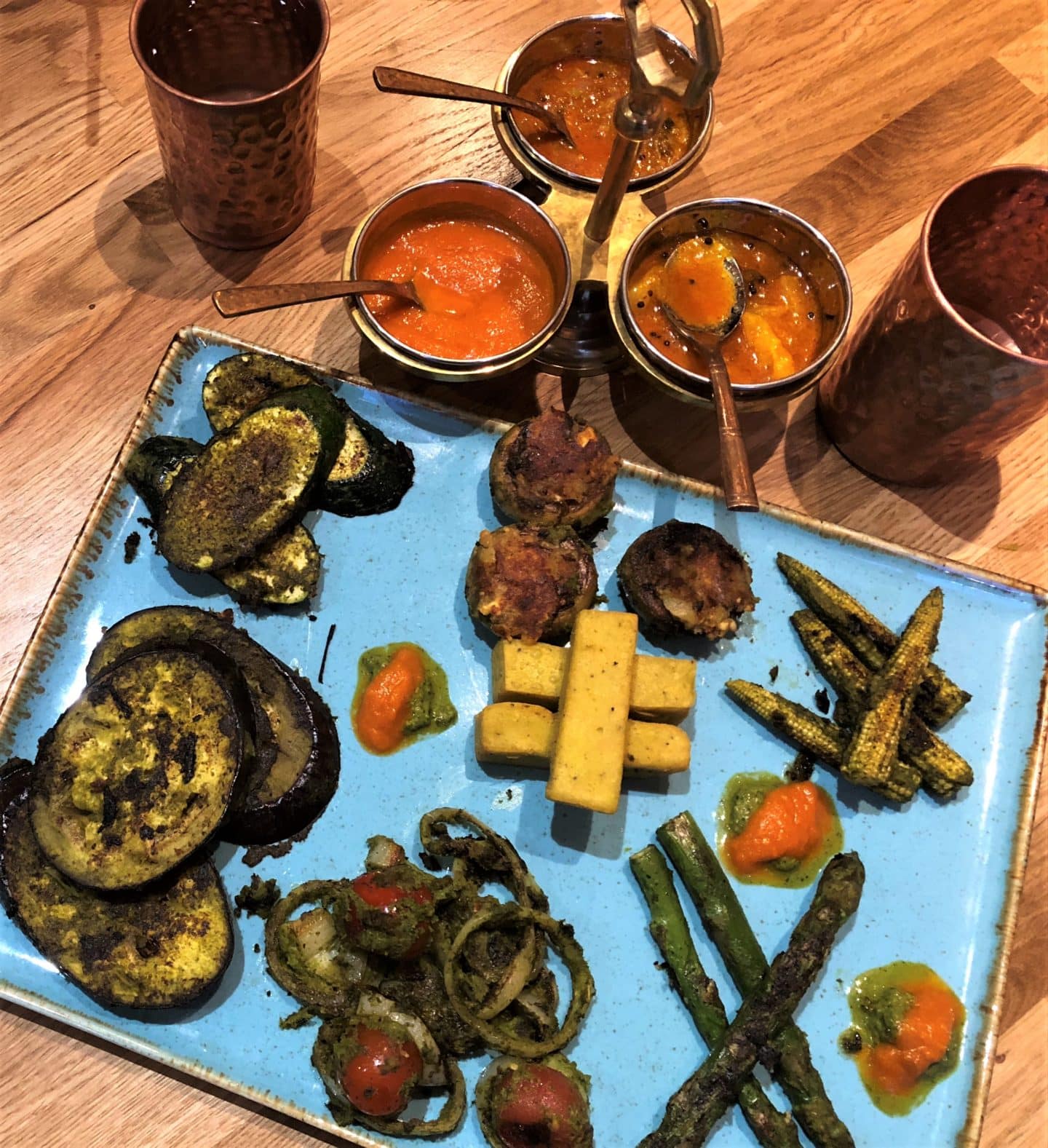 Vegetarian Keralan food at Herb Leicester.  flat lay of the herb mixed vegetable platter