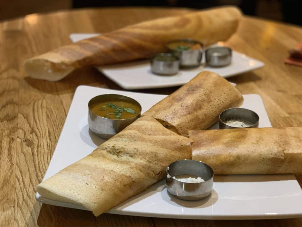 Vegetarian Keralan food at Herb Leicester, masala dosa with two chutney and sambhar