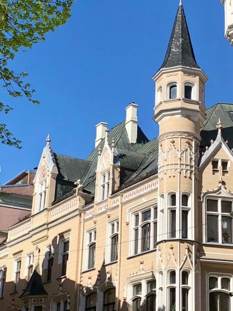 Art Nouveau Building Architecture with yellow facade, Riga