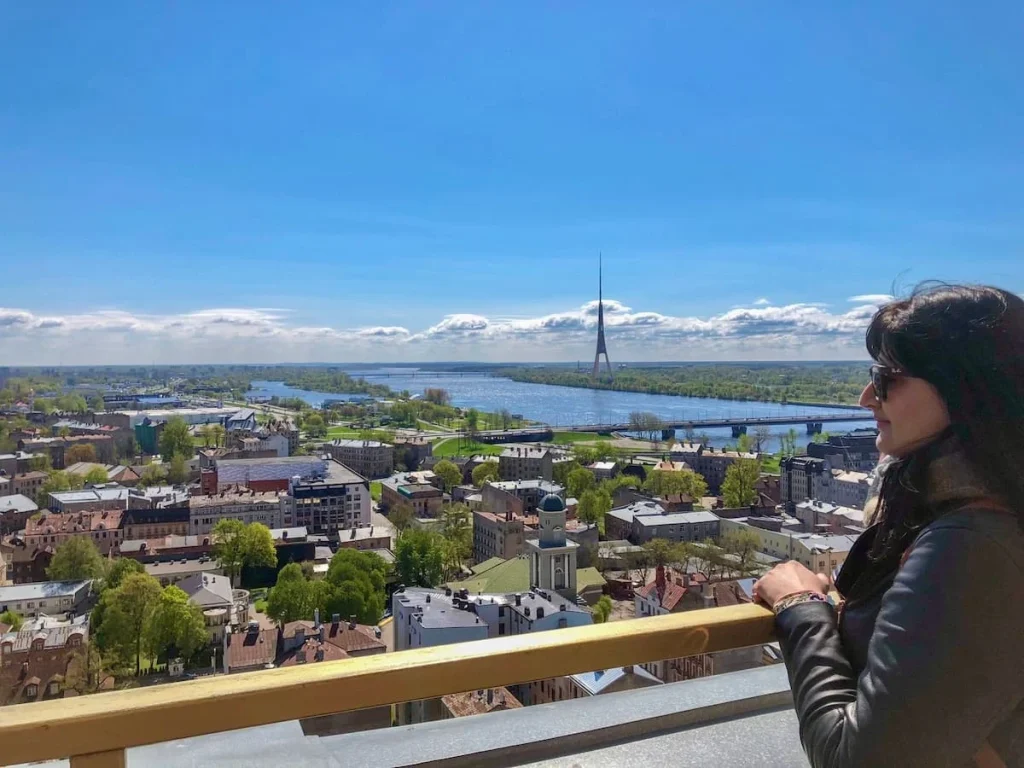 Bejal looking out at views from Latvian Academy of Sciences, riga