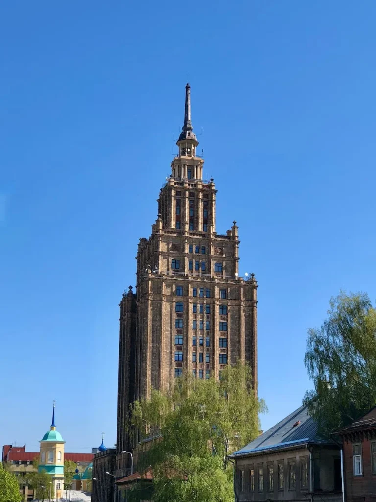 Latvian Academy of Sciences architecture from road level in Riga