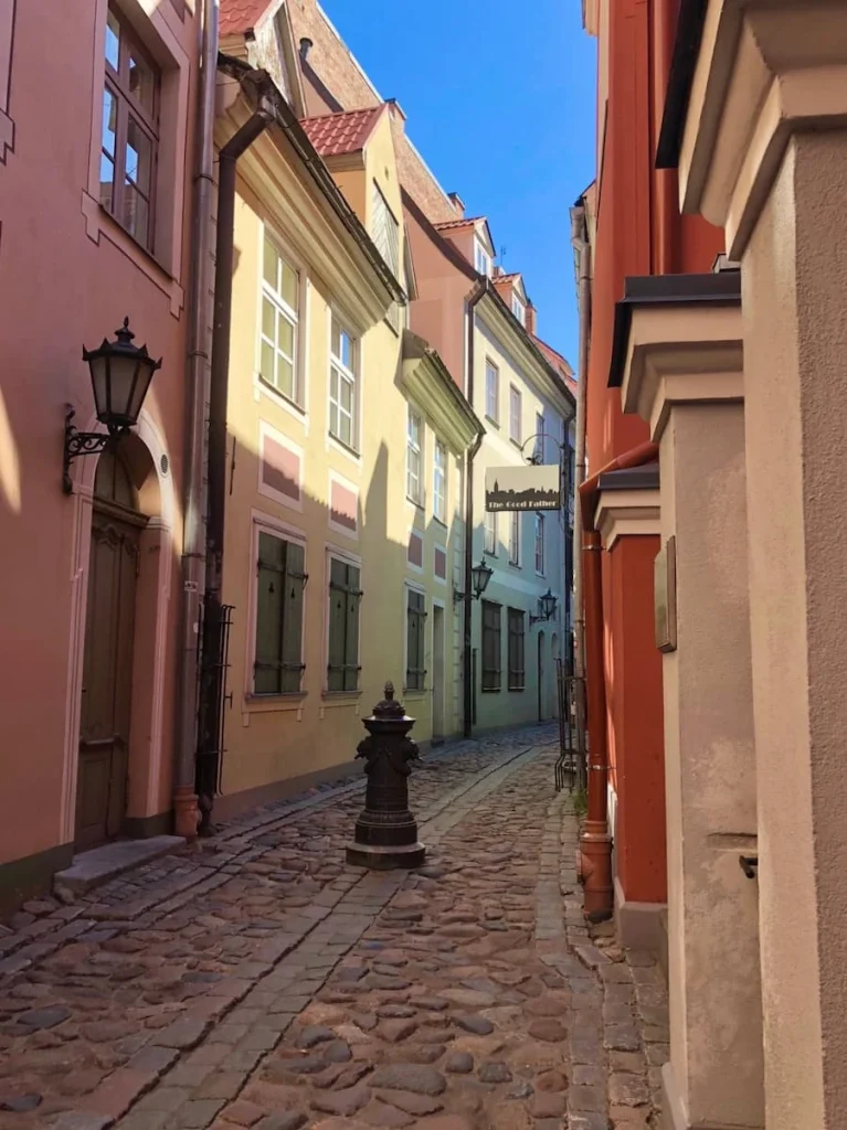 Trokšņu iela, Quiet Street in Riga with colourful medieval buildings down each side