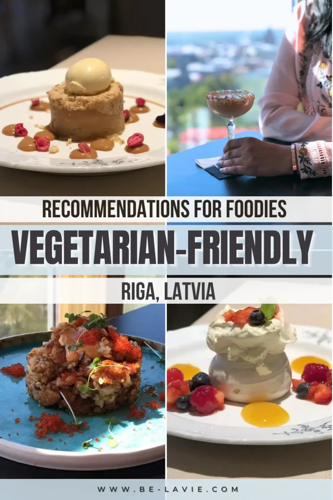 Vegetarian-friendly food in Riga pinterest pin with 4 images overlaid with text.2