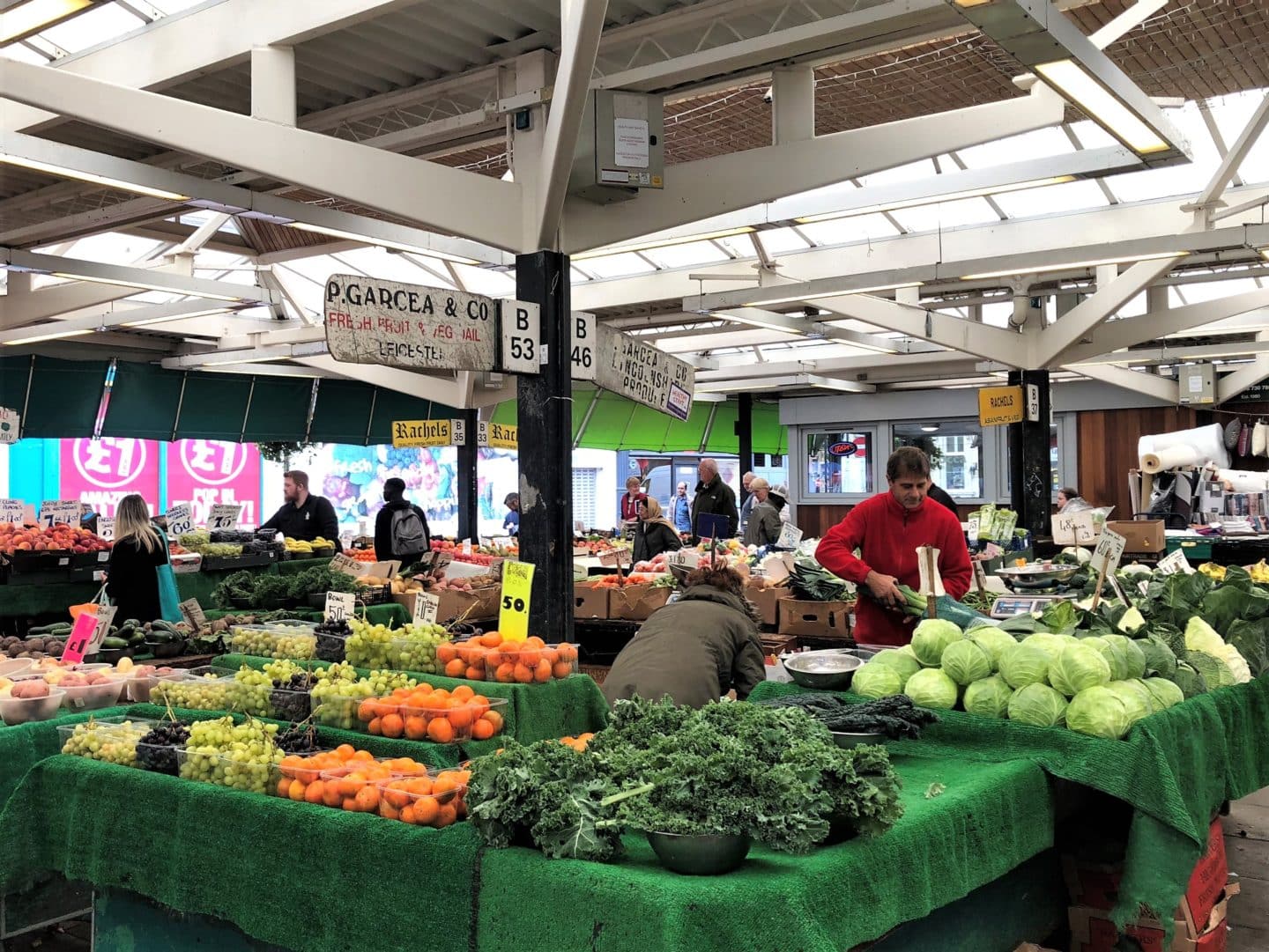 Leicester market traders selling fruit and vegetables from their stalls at the site of the old open market
