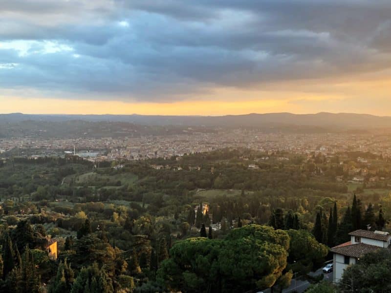 Sunset view of the Fiesole Hills and Florence in the background from the Loggia restaurant at Belmond Villa San Michele