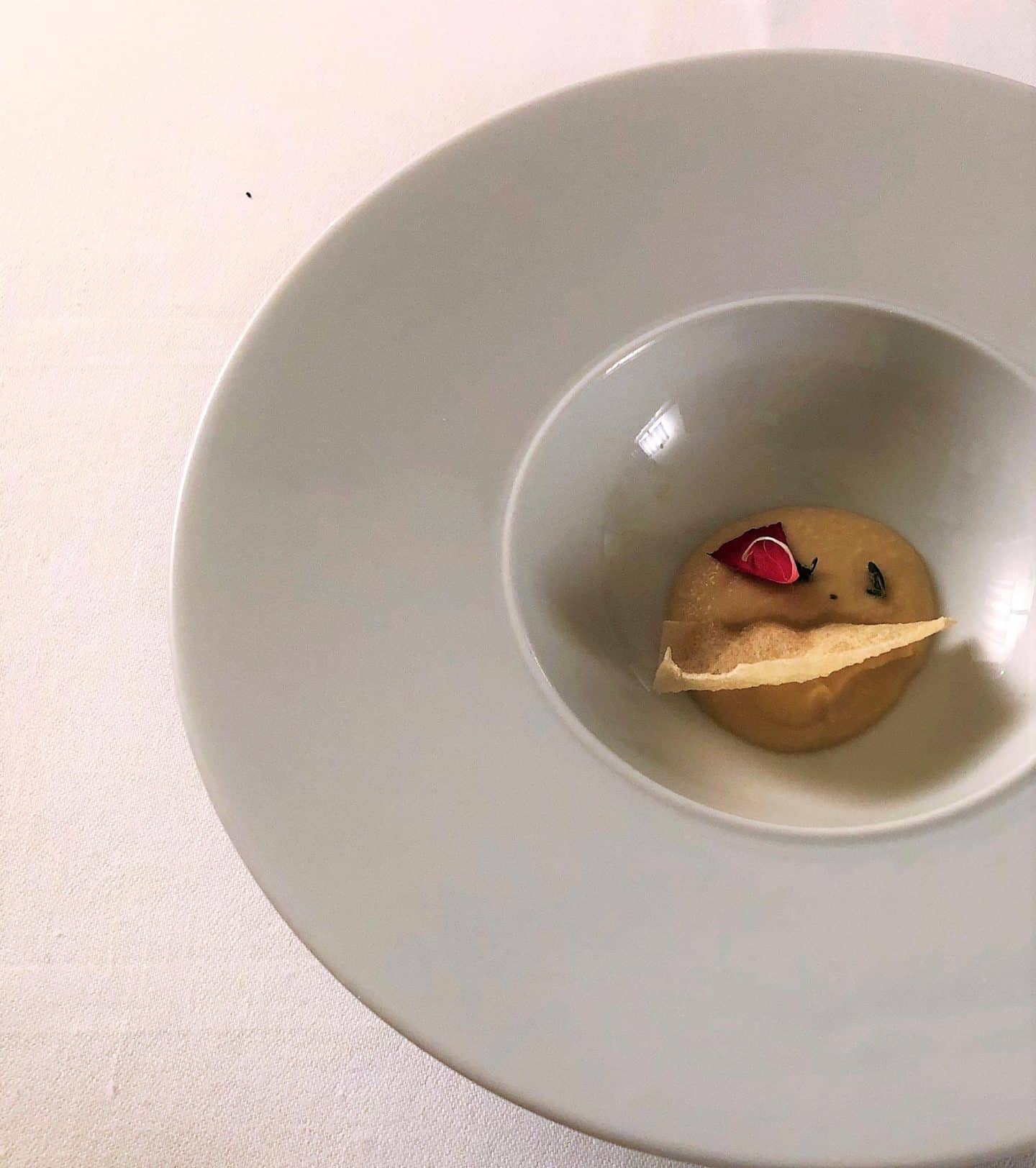 A stunning luxury hotel in Fiesole: amuse bouche of chickpea cream with a chilli crisp and nasturtium served on a white circular plate