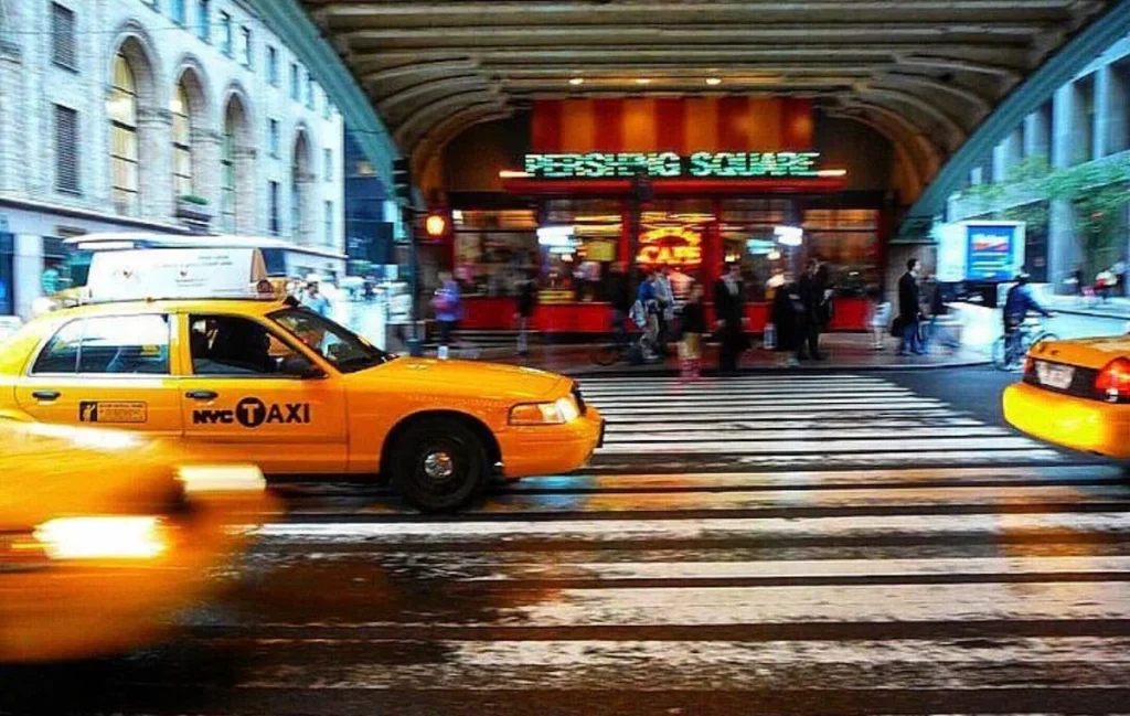 Persching Square with yellow cabs in NYC