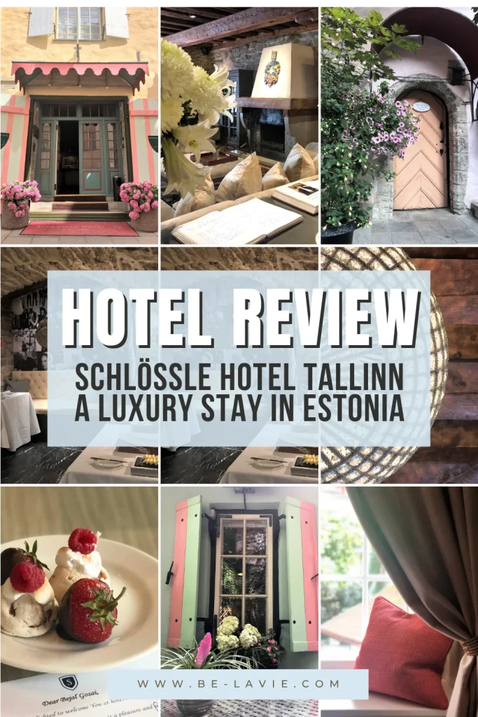 Schlossle Hotel Pinterest Pin with 9 images overlayed with text. The text reads 'Hotel Review, Schlossle Hotel Tallinn: A Luxury HotelReview 