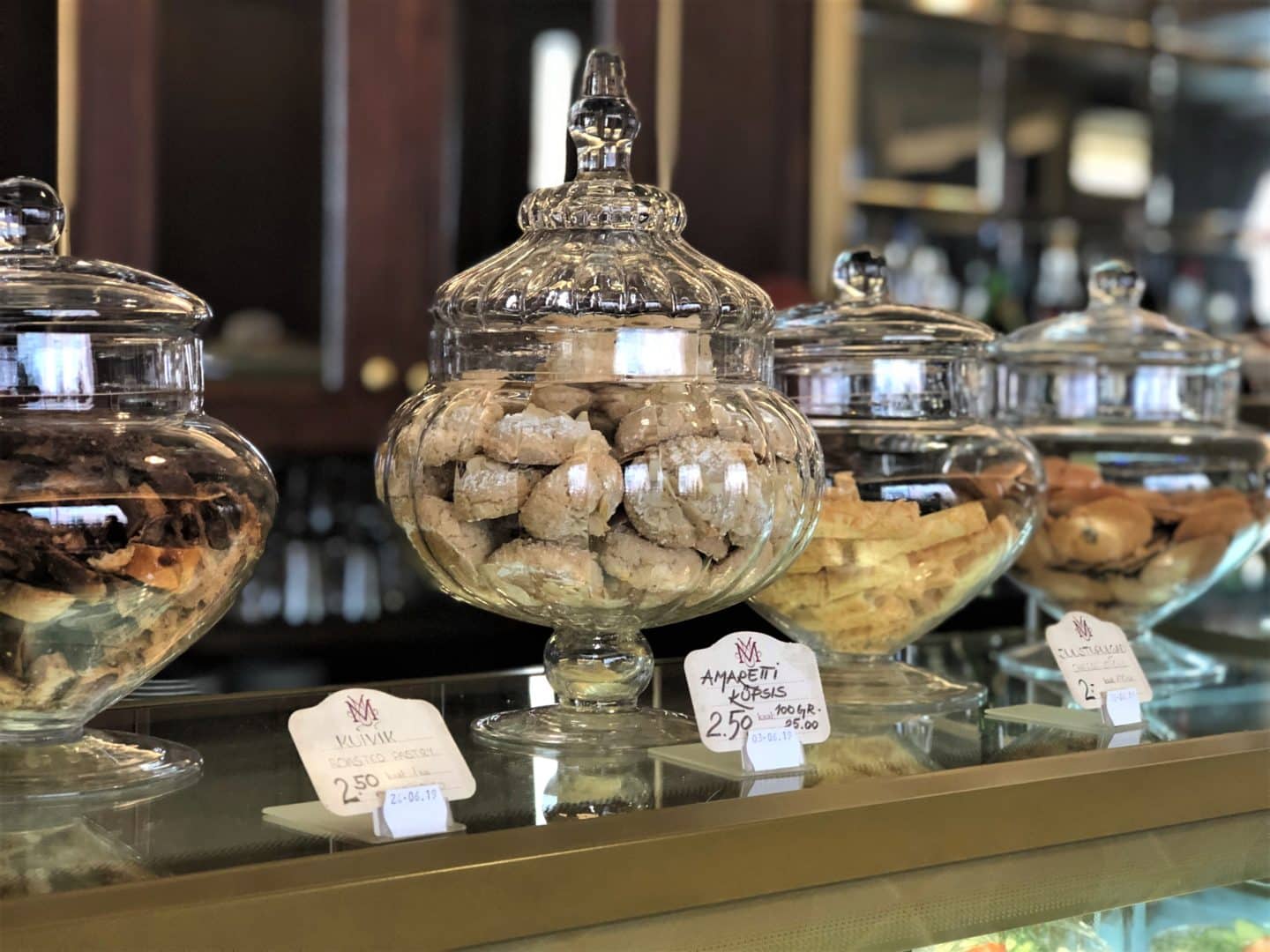Ornate jars of sweet treats at Maiasmokk cafe in old town Tallinn