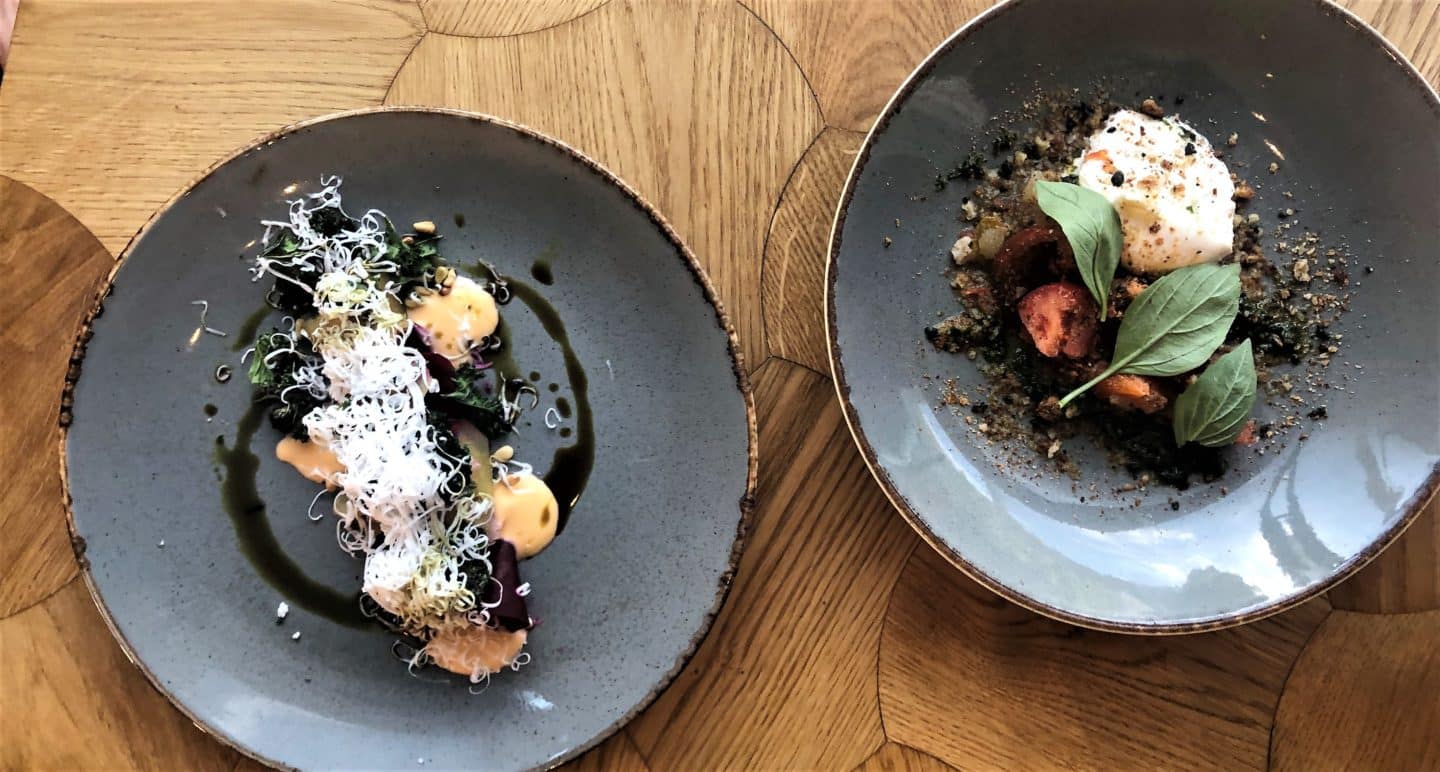 Starters: Marinated beetroot cuts with vegan cheese, grapefruit mayonnaise, dried kale, pine nuts and pumpkin seed oil. Burrata with fermented tomato and basil pesto at Pegasus Restaurant, Tallinn