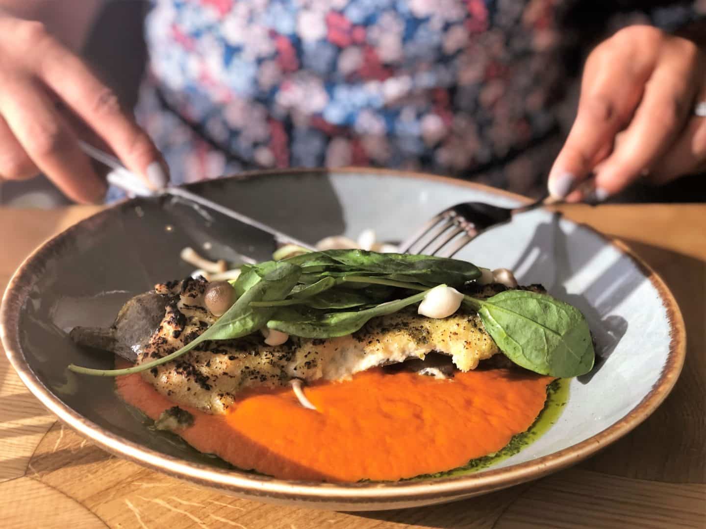 Mains: slow cooked eggplant with peanut cream, smokey tomato foam, herb pesto, spinach and marinated shimeji at Pegasus Restaurant Tallinn