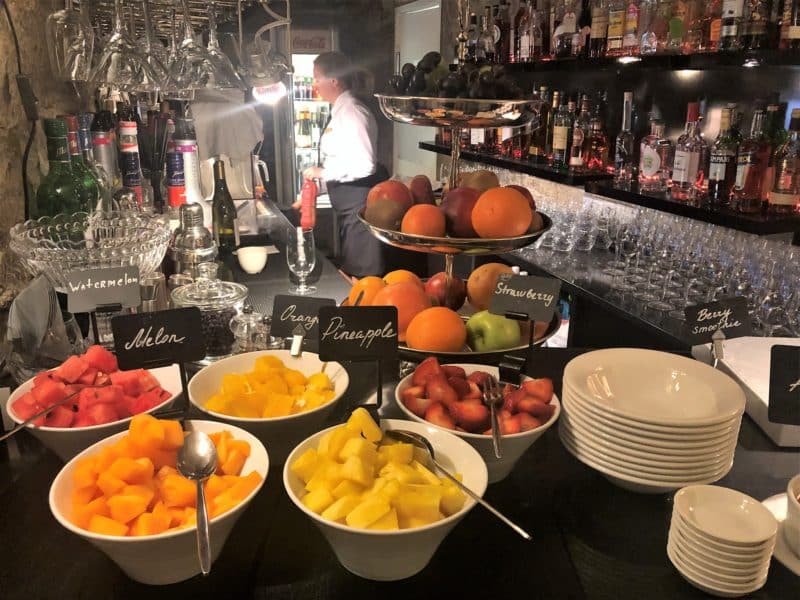 The Schlossle Hotel Tallinn: Breakfast set-up of fruits at the Vaulted Stenhus Restaurant in the basement of the hotel.