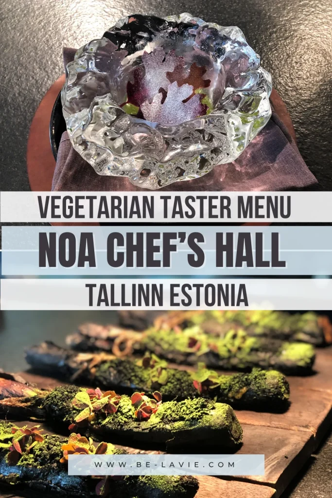 Noa Chef's Hall in Tallinn Pinterest Pin with 2 images overlayed with text. The text reads, 'vegetarian taster menu Noa Chef's Hall tallinn, Estonia'.