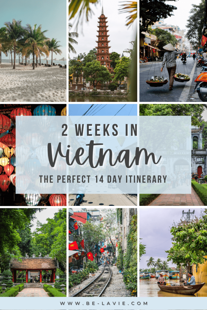 Vietnam in 14 days Itinerary Pinterest Pin with 9 images overlayed with text reading, '2 weeks in Vietnam: The perfect 14 day itinerary'.