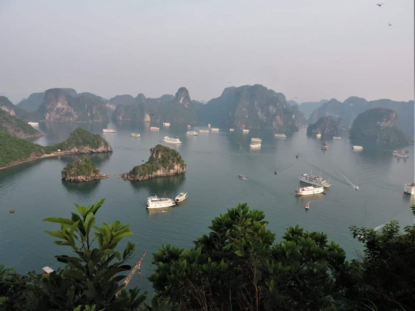 Halong Bay Rock Formations from Ti Top Island with cruise ships amongst the rocks