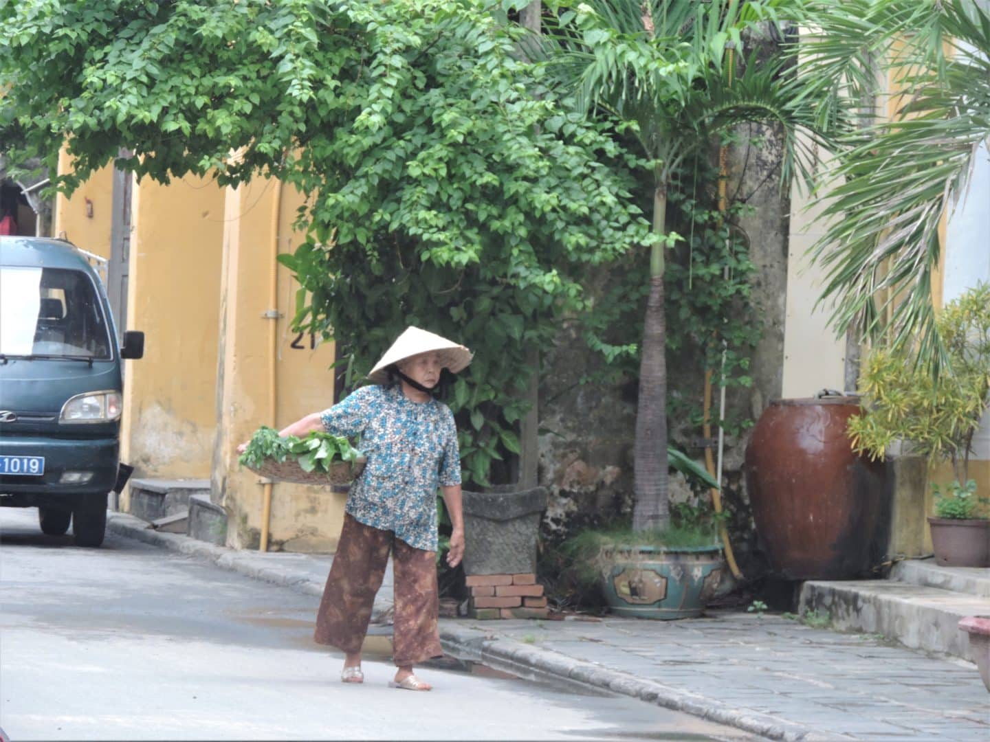 Vegetable vendor walking on street in Hoi An carrying vegetables in a basket, wearing a traditional hat with foliage in the background and a large water pot. 