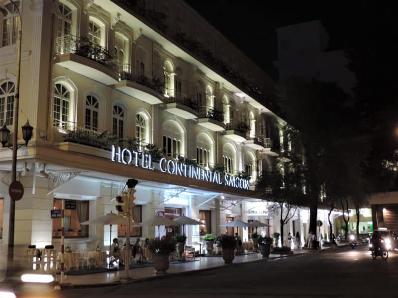 Intercontinental Hotel Saigon exterior during the night lit up in white and brown letters.
