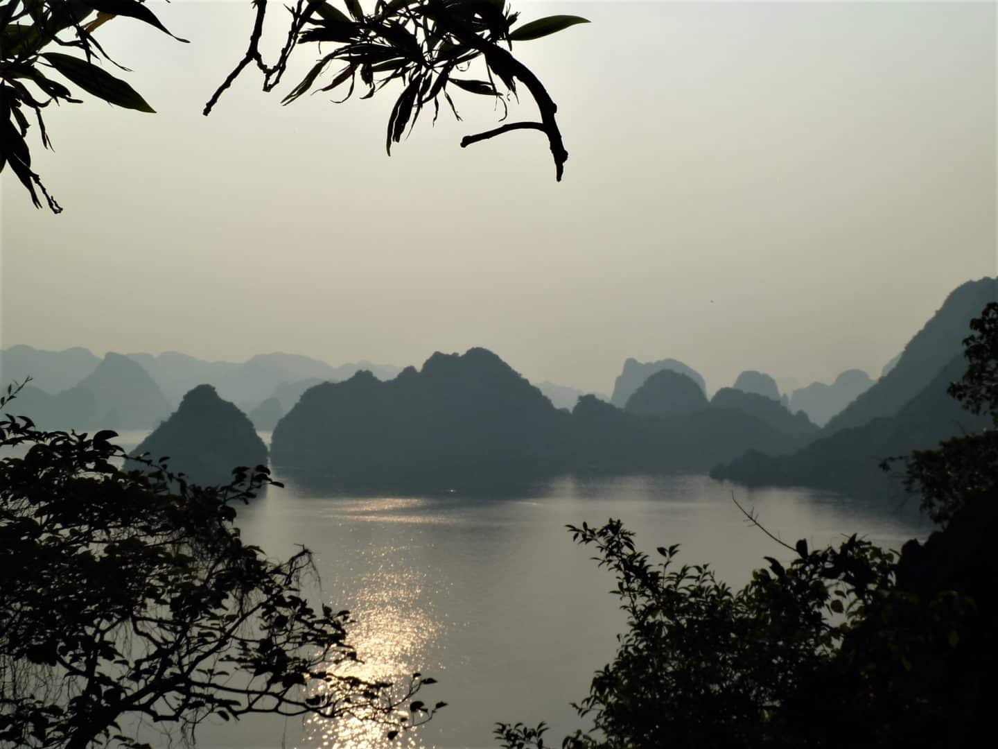 Halong Bay Rock Formations at dusk with foliage framing the image