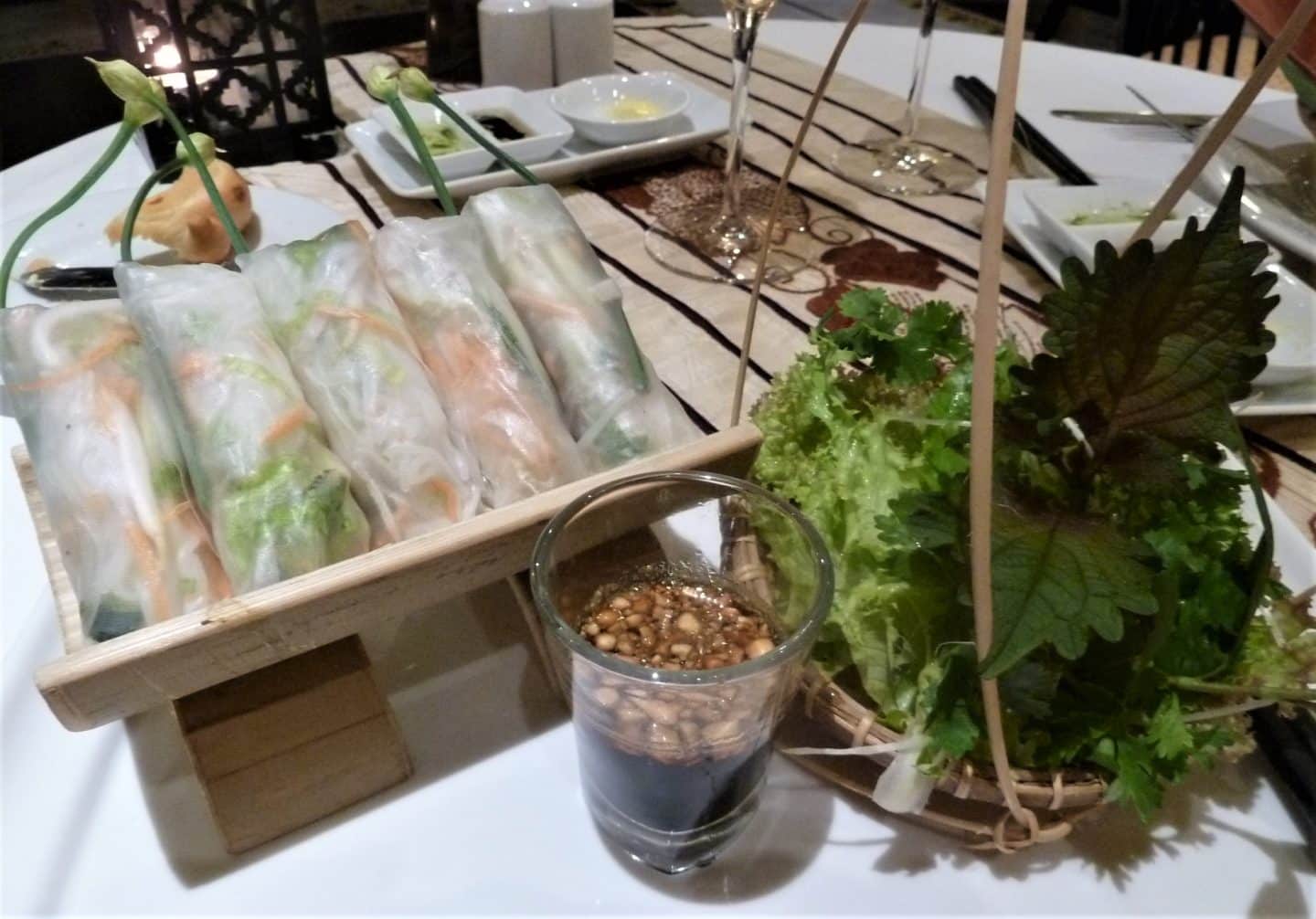 Fresh spring roles with soy sauce at Azerai LA Residence in Hue with a green leaf salad 