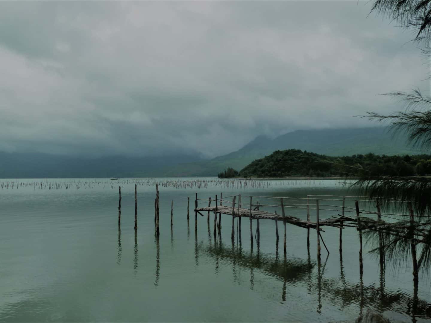 A 14 day Cultural Itinerary for Vietnam: A shrimp farm on the way to Da'nang with a broken wooden bridge and mountains in the background