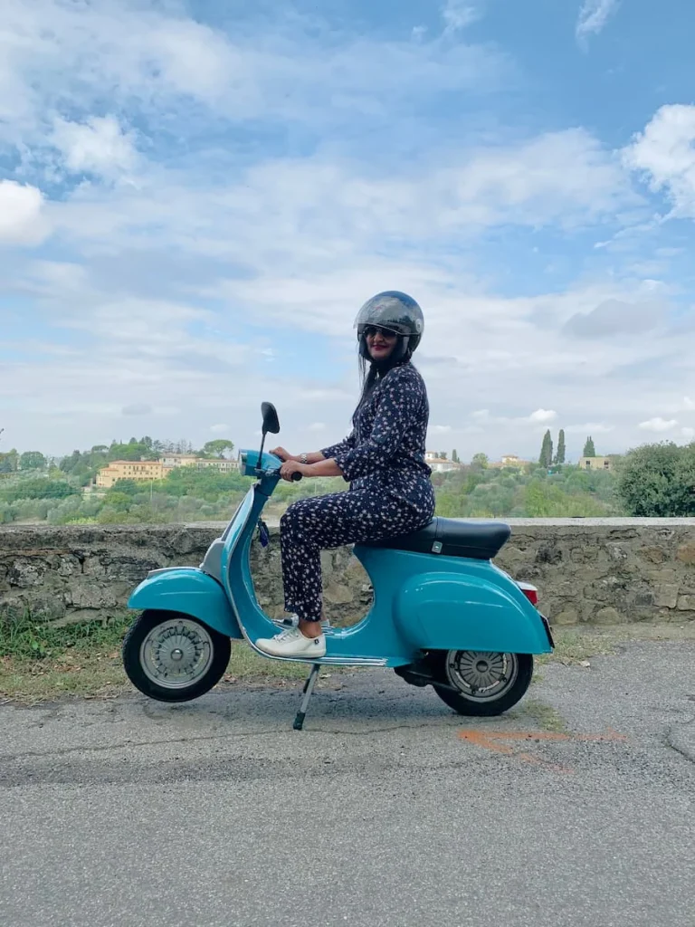 Vespa Tour from Florence: Bejal riding blue Tiffany Vespa in Chianti