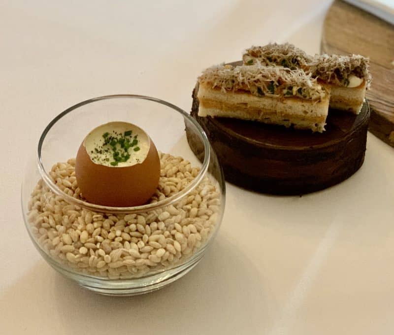 Michelin star dining at John's House in Leicester: truffle custard in  an eggshell in a glass filled with barley and toasties on the side