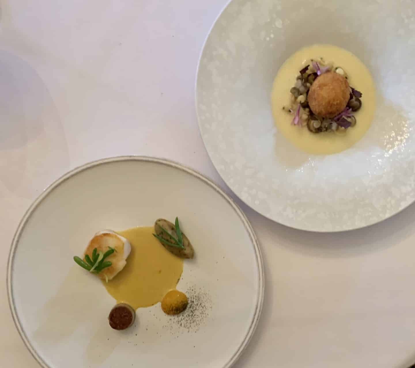 A flat lay of the Lightly Salted Fillet of Cod, Brawn, Aubergine, Passion Fruit and Curry Spices and Turnip Broth, Crispy Hens Egg and Black Garlic 