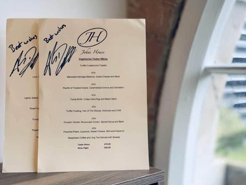 Signed menus from chef John of John's HOuse, Leicester